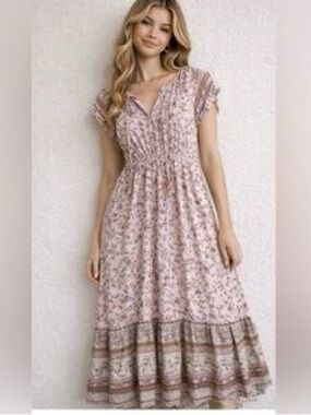 Lovestitch Women’s Floral Midi Flowy Dress in Blush Pink and Purple Hues Size S